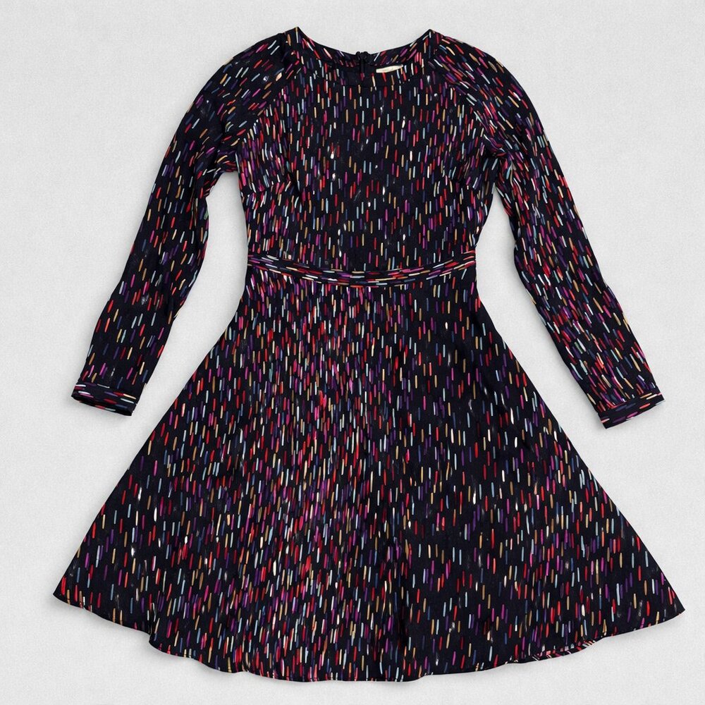 Shoshanna Silk Fit & Flare Dress Black Multicolor Confetti Print Long Sleeve Sz4
